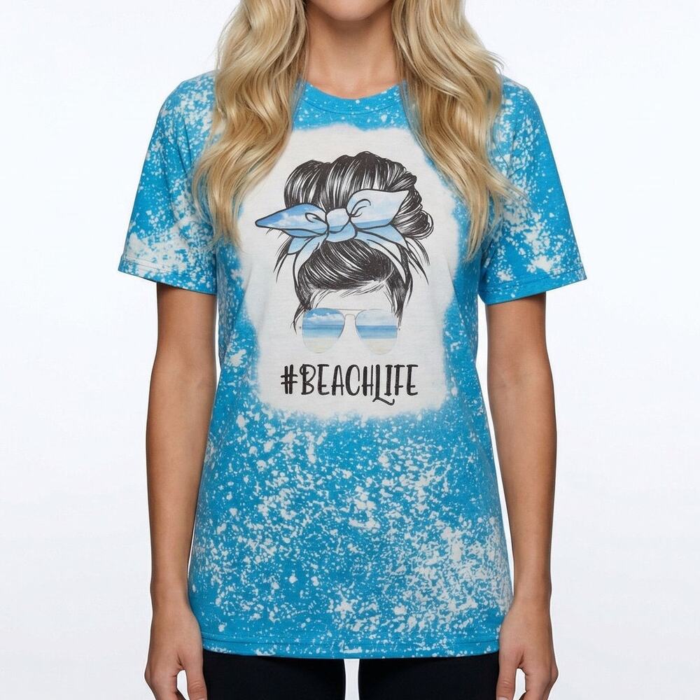 Beach Life Graphic Tee 2XL Blue Bleach Dye Handmade Short Sleeve T Shirt NWOT